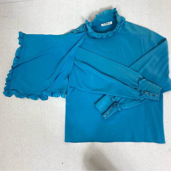 Chloe Vintage Teal Blue Mock Neck Ruffle Blouse - Picture 9 of 10